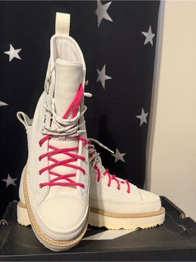 Converse White Leather High-Top Sneakers with Hot Pink Laces